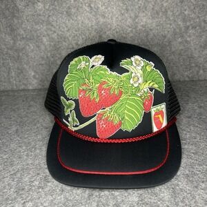 Vtg Strawberry Trucker Mesh Adjustable Snapback Black Hat Florida 80s 90s